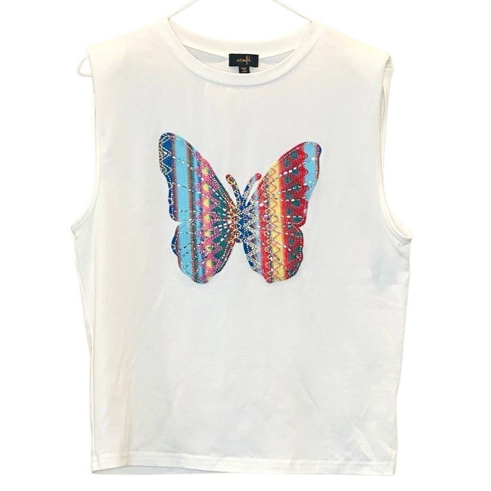 On Twelfth Emdroidered Beaded Striped Butterfly Sleeveless Tank Top White Small